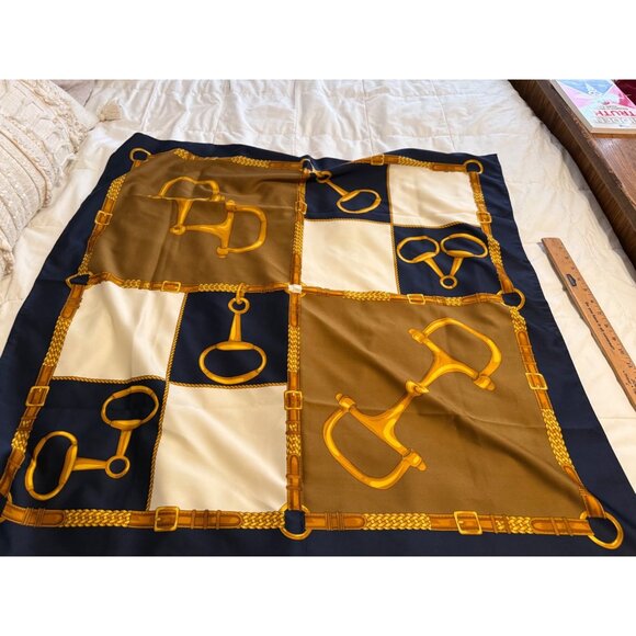 Vtg Equestrian Print Scarf Shawl 33" X 33" Blue & Gold Polyester Square Italy - Picture 4 of 9